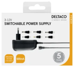 AC-adapter, 230V til 3-12 V DC, 600 mA, 6 udskiftelige stik