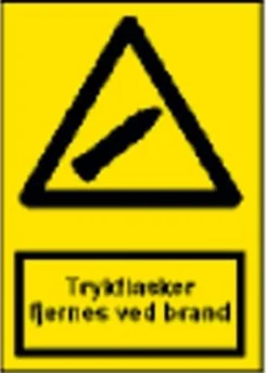 Advarselsskilt, trykflasker fjernes ved brand, gul, 30 x 21 cm