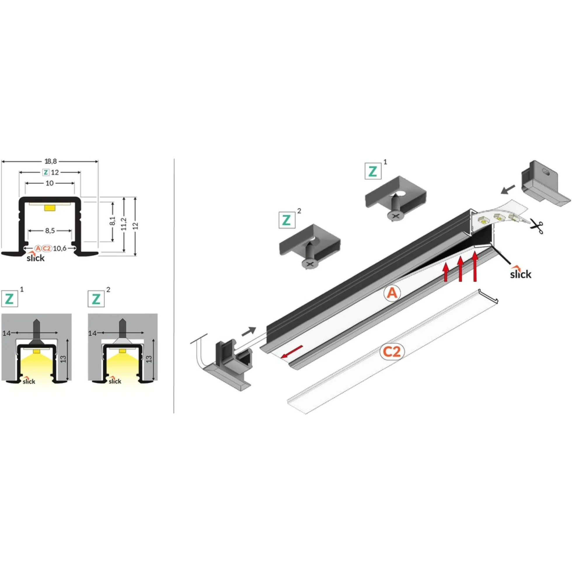 Aluprofil SMART-IN10 AC2/Z - Hvid lakeret, indbygget, LED skinne