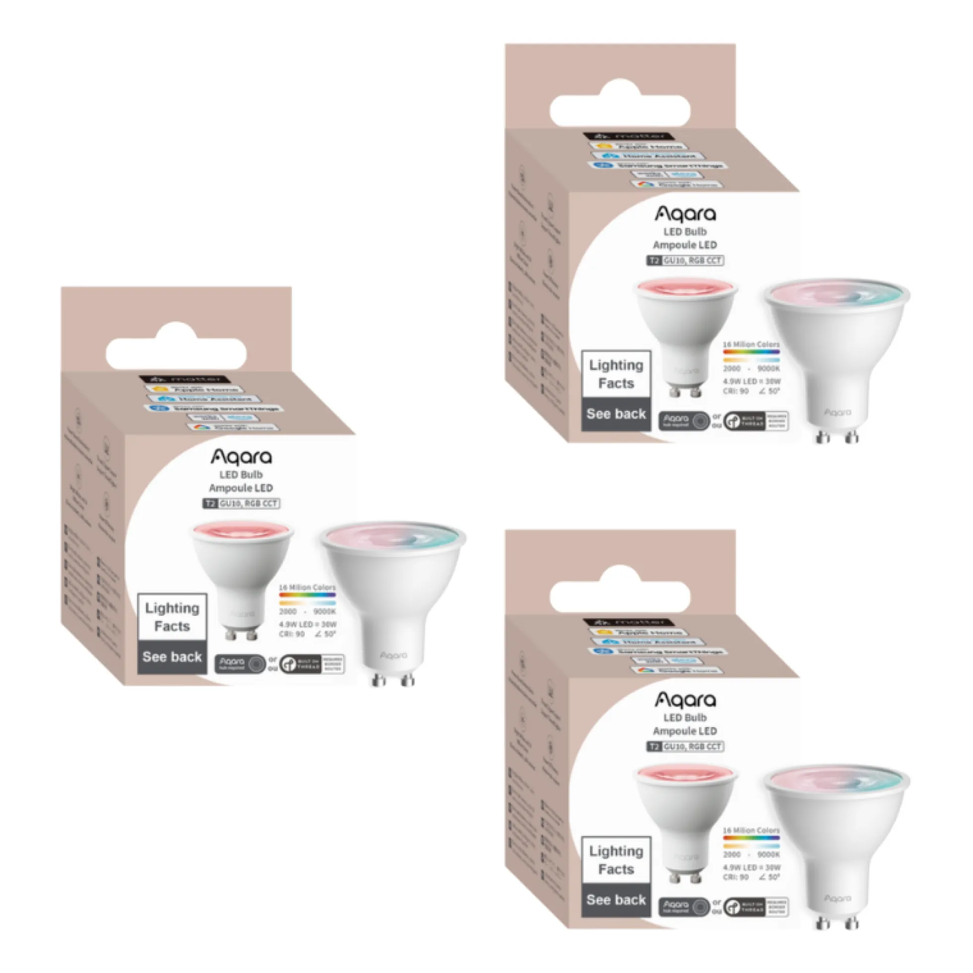 Aqara T2 GU10 LED-pære T2, RGB, 450lm, 90Ra, Zigbee - 3-pak