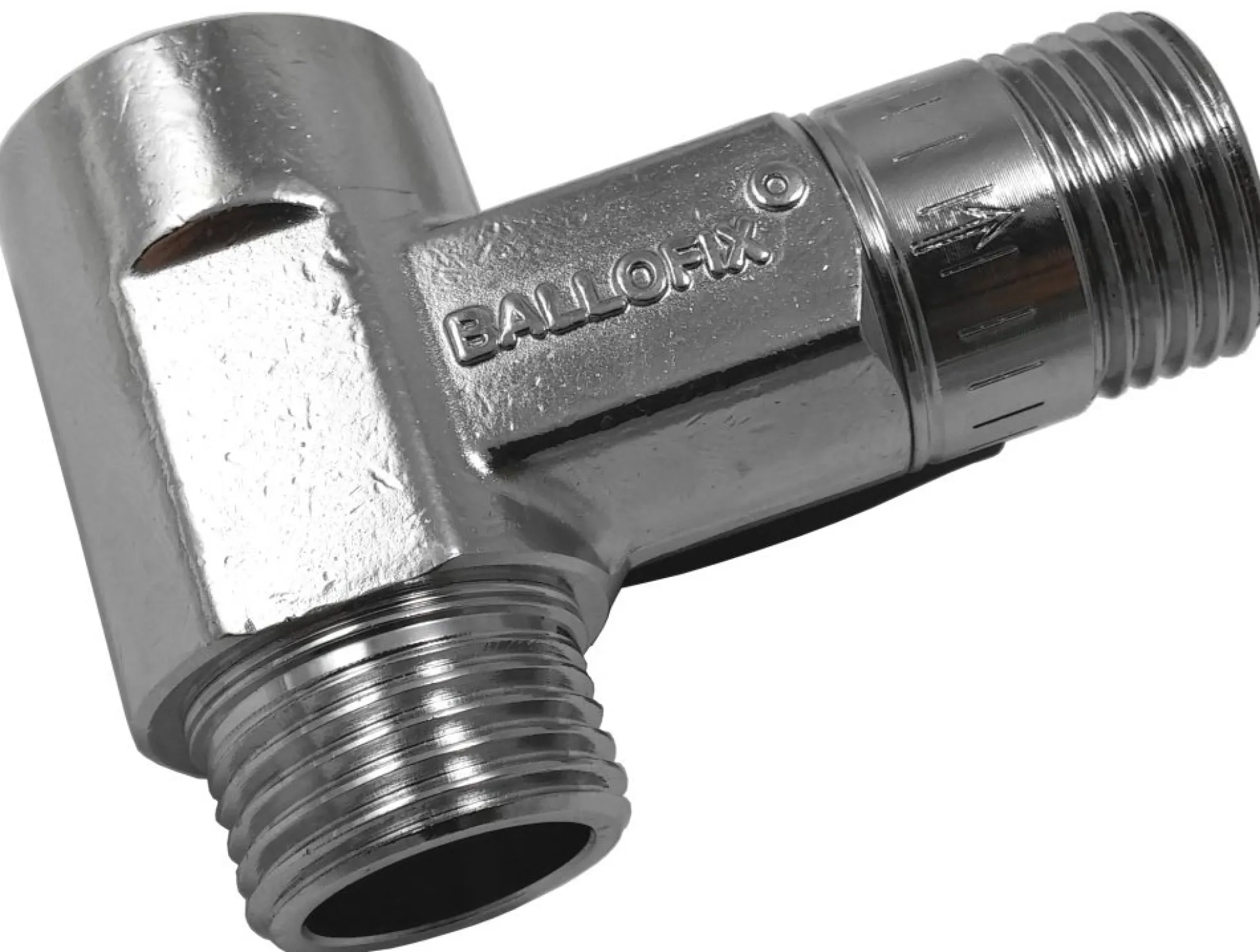 BALLOFIX – Kuglehane t-stykke med muffer og nippel samt nippel, håndtag og kontraventil på afgreningen, ½" x ½" x ½"