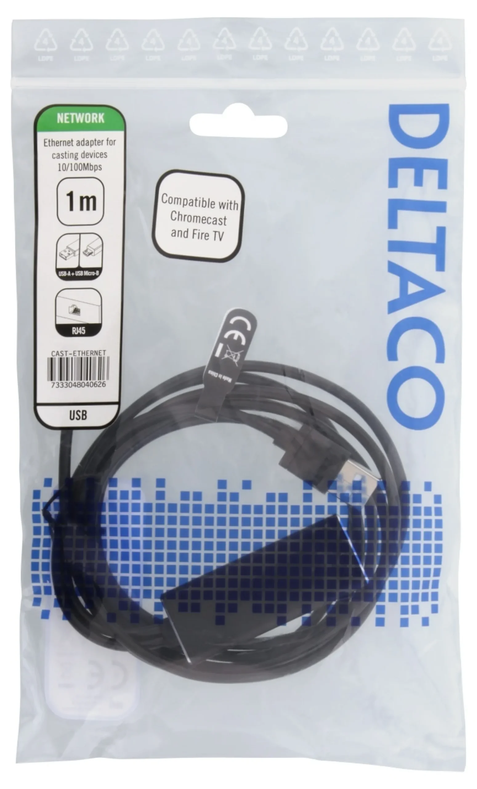 Chromecast netværksadapter, USB, RJ45, sort, Deltaco