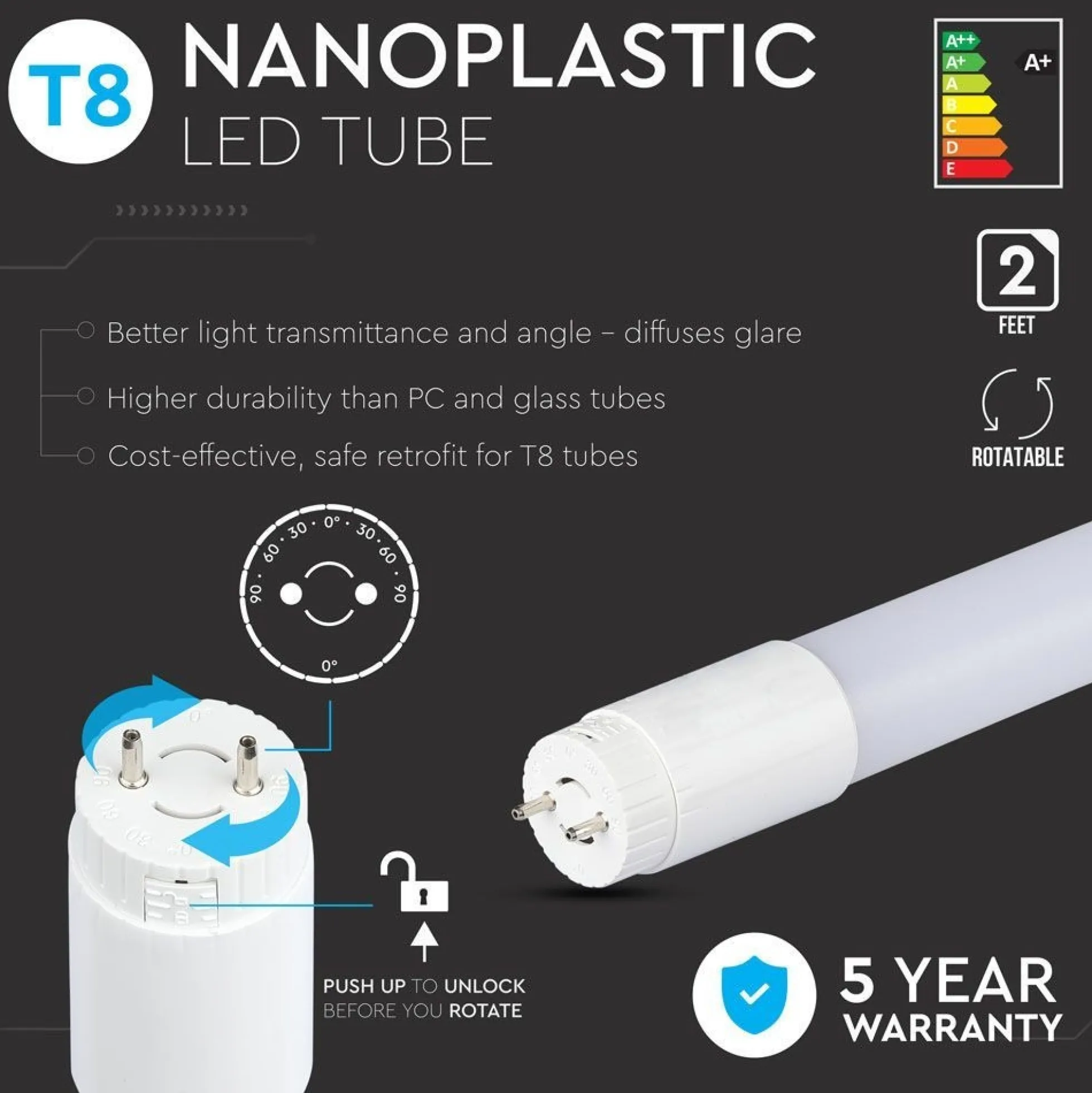 60cm / 10W T8 LED rør, Samsung LED chip, Kold hvid (6400K), 850 lumens, 160° spredning - VT-061.cw (restsalg)