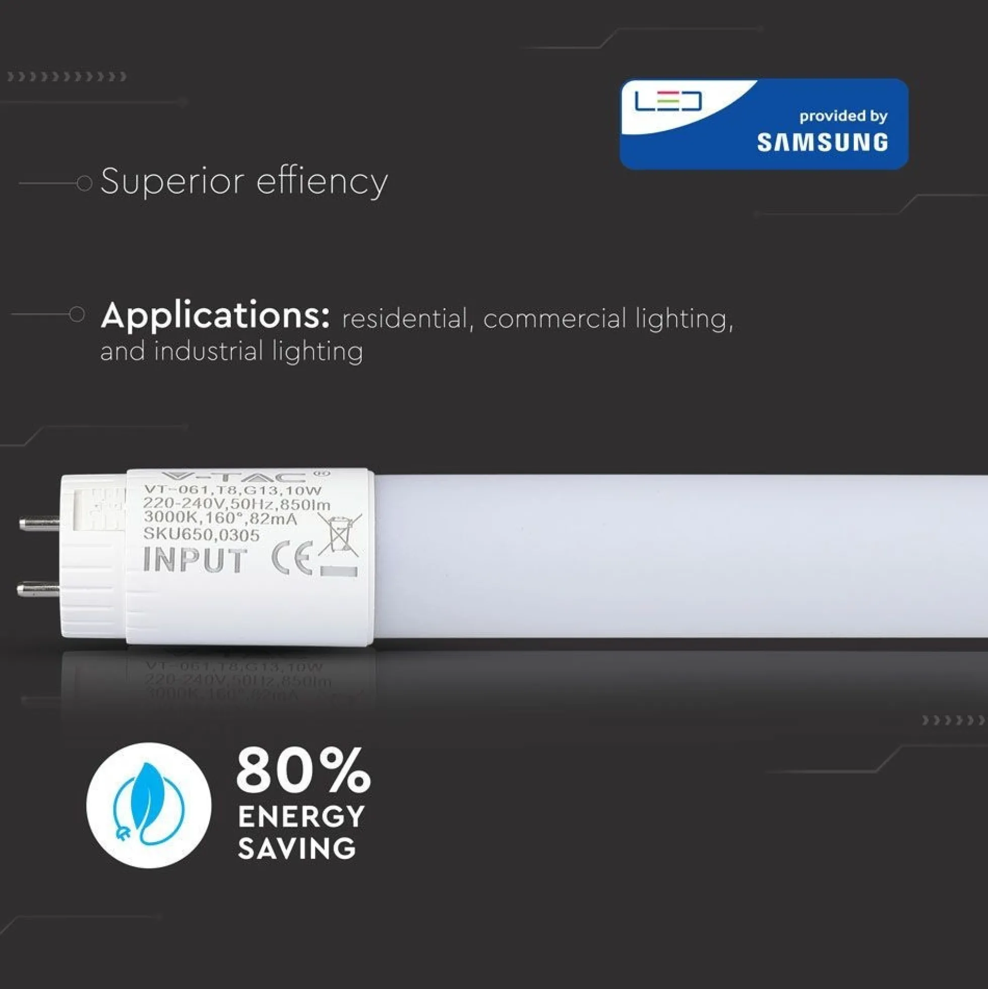 60cm / 10W T8 LED rør, Samsung LED chip, Kold hvid (6400K), 850 lumens, 160° spredning - VT-061.cw (restsalg)