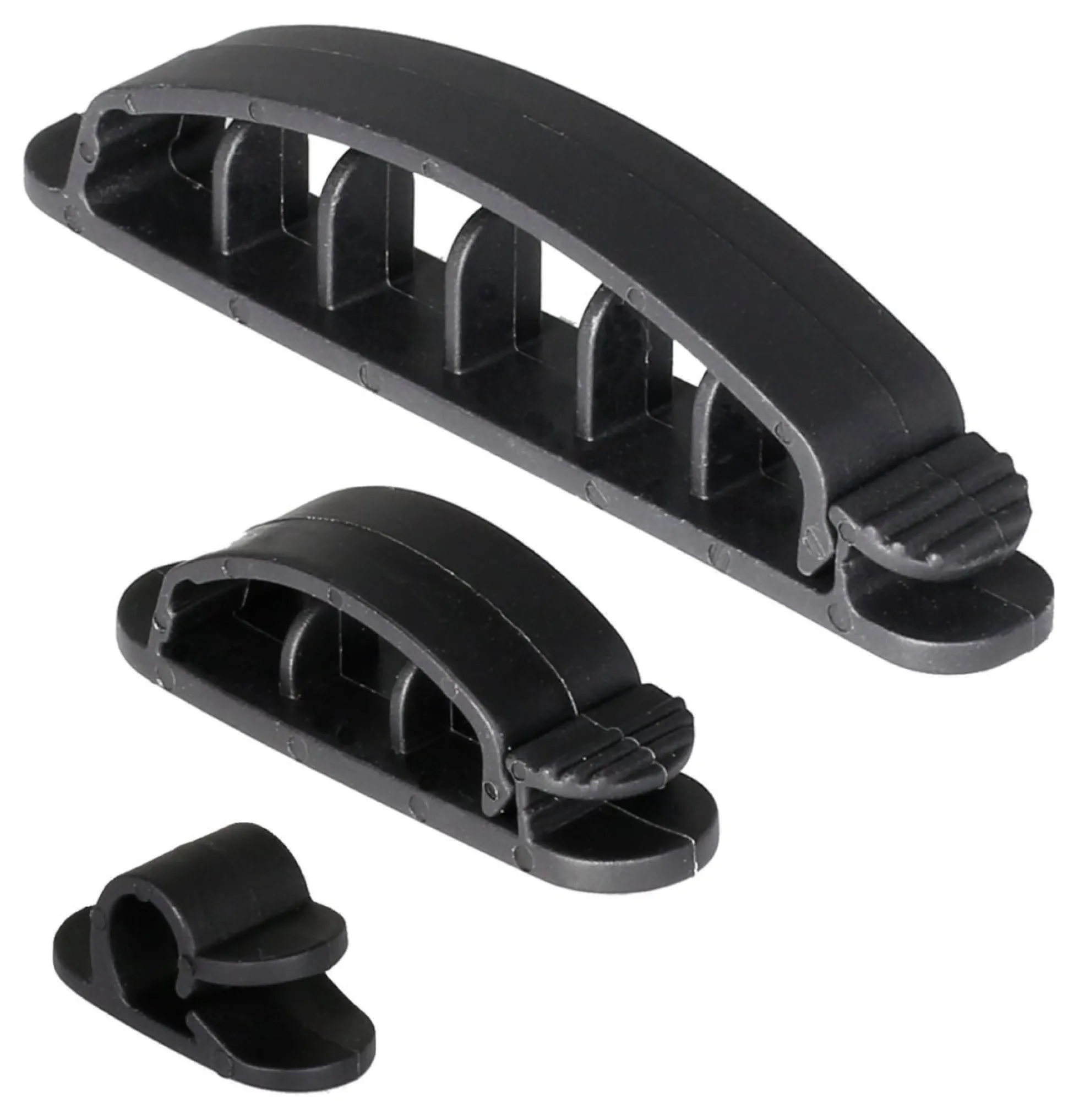 DELTACO adhesive cable clamps in plastic, 1/3/6 slots, 10-pack, sort
