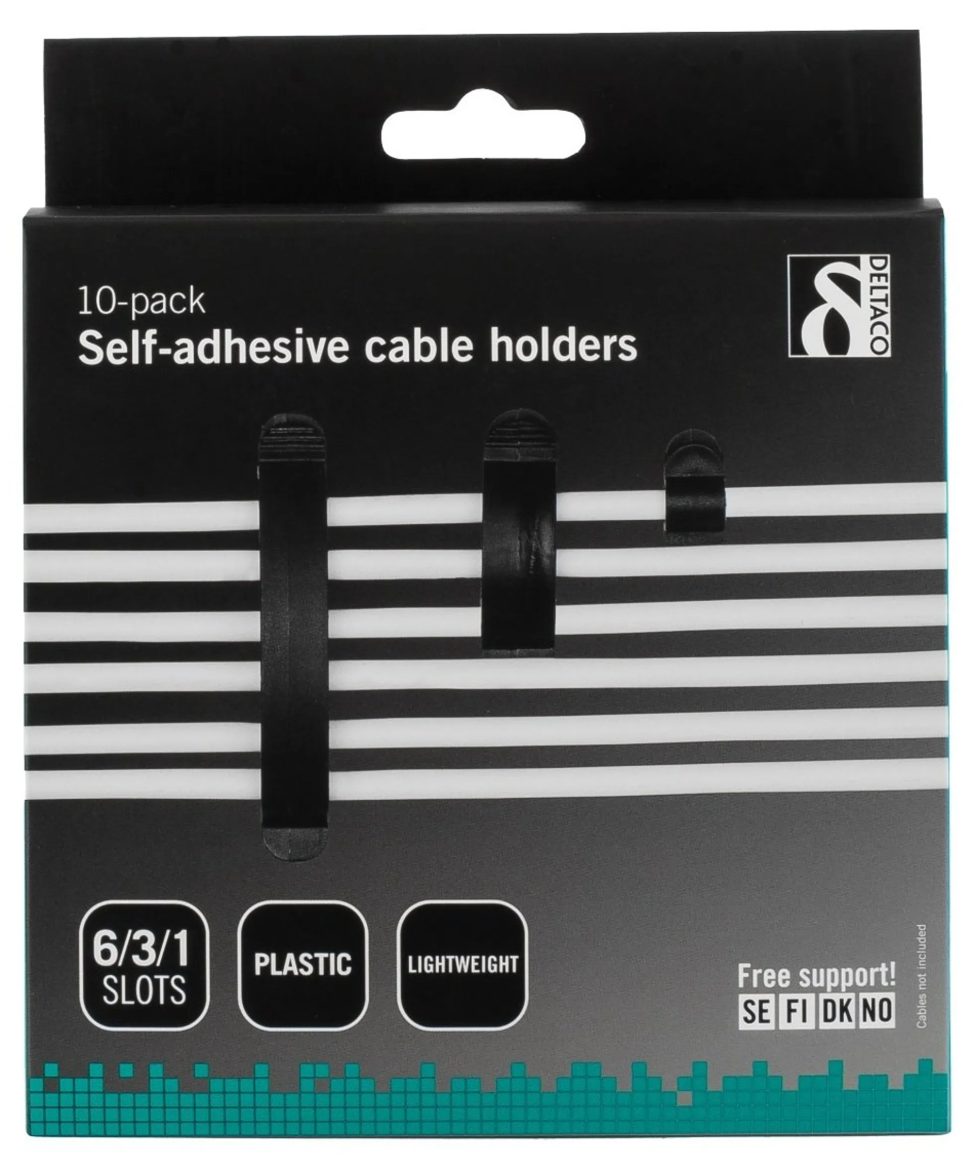 DELTACO adhesive cable clamps in plastic, 1/3/6 slots, 10-pack, sort