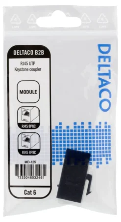 DELTACO Cat6 Keystone coupler, unshielded, 2xRJ45, plastic, 180, sort