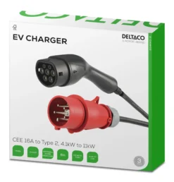 Deltaco E-Charge elbilslader til CEE-stik, 3-faset, type 2, 8-16A, 6 meter