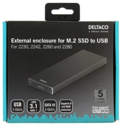 DELTACO Externt M.2 kabinett, USB 3.0, 5 Gbps, sort