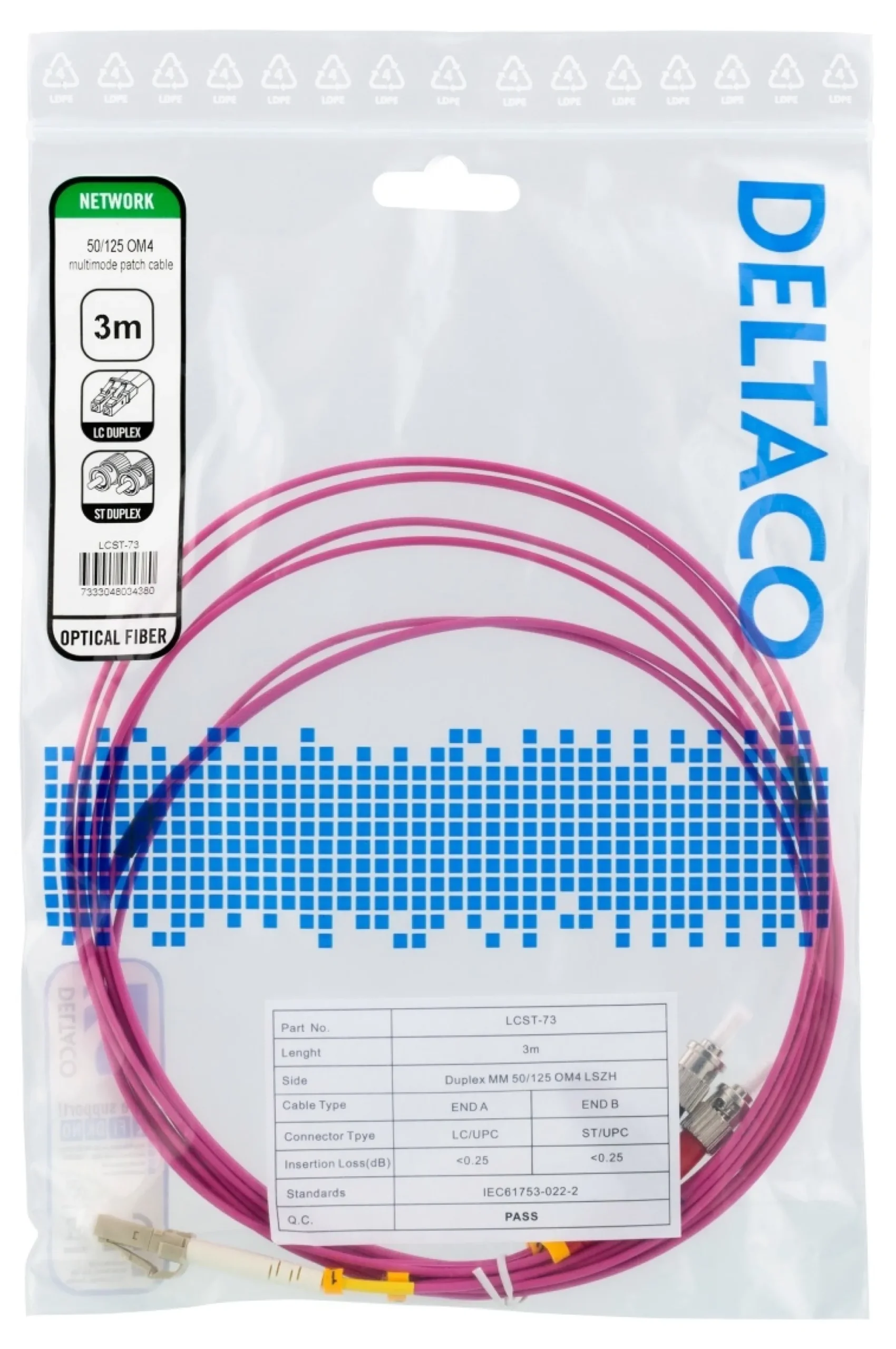 DELTACO Fiber cable, 3m, LC-ST Duplex, 50/125, pink