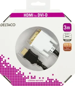 DELTACO HDMI til DVI kabel, 19-pin-DVI- D Single Link, 3m, sort/hvid