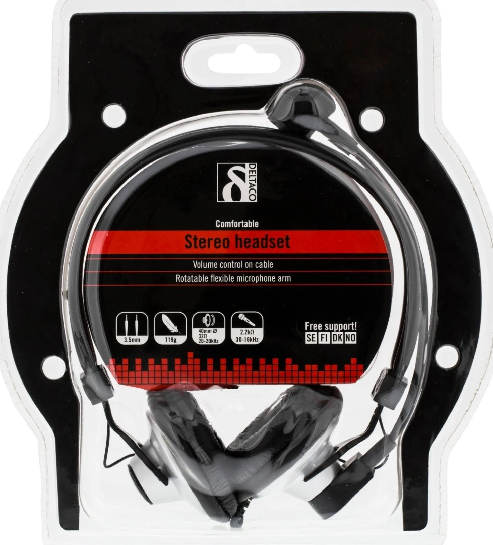 DELTACO headset, volumenkontrol på kablet, 2x3,5mm, 2m kabel,