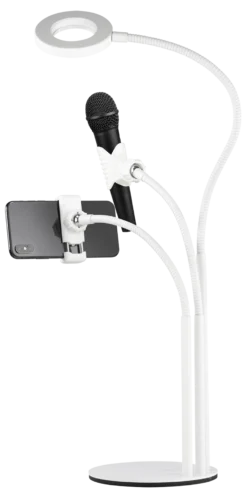DELTACO 3-i-1 Selfie Ring-Lampe med telefon og Mikrofon holder, hvid