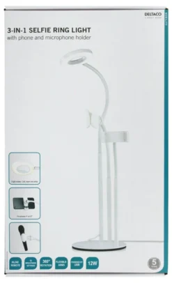 DELTACO 3-i-1 Selfie Ring-Lampe med telefon og Mikrofon holder, hvid