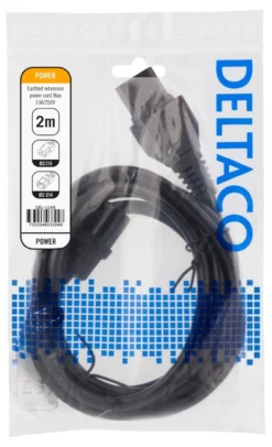 DELTACO 2m earthed cable IEC 6320 C15 - IEC 6320 C14, 250V/10A, sort