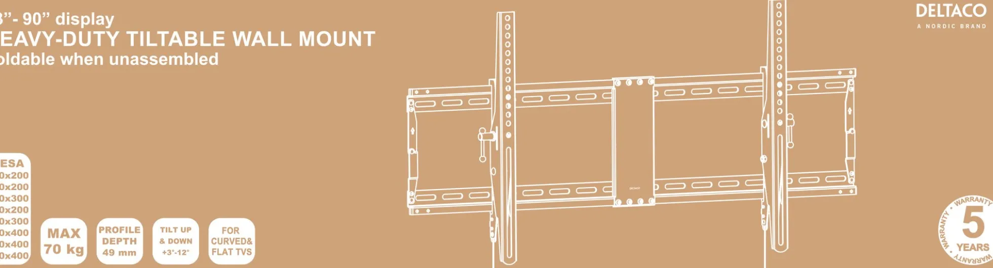 DELTACO Office, kraftig vippe foldbar, 43"-90", 70kg, 200x200-800x4