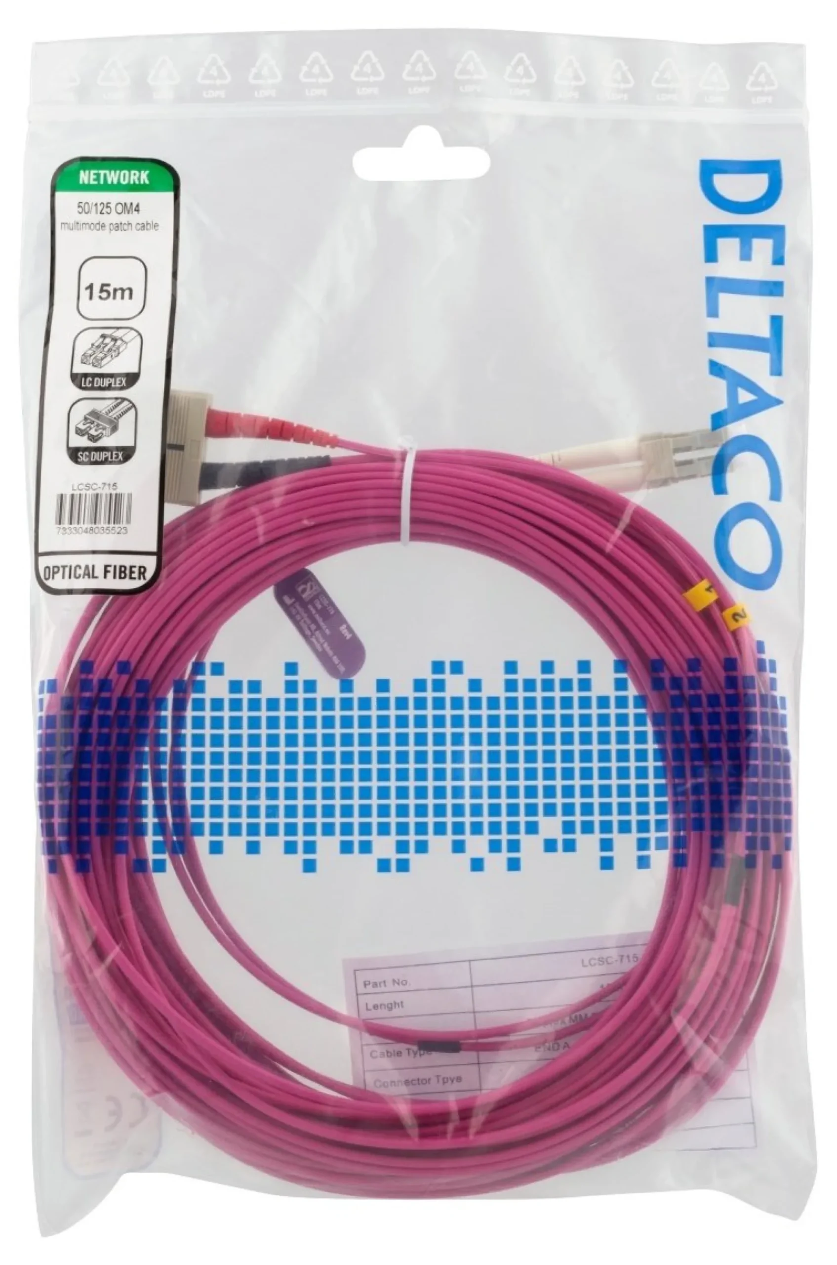 DELTACO OM4 fiber cable LC - SC, duplex, multimode, 50/125, 15m