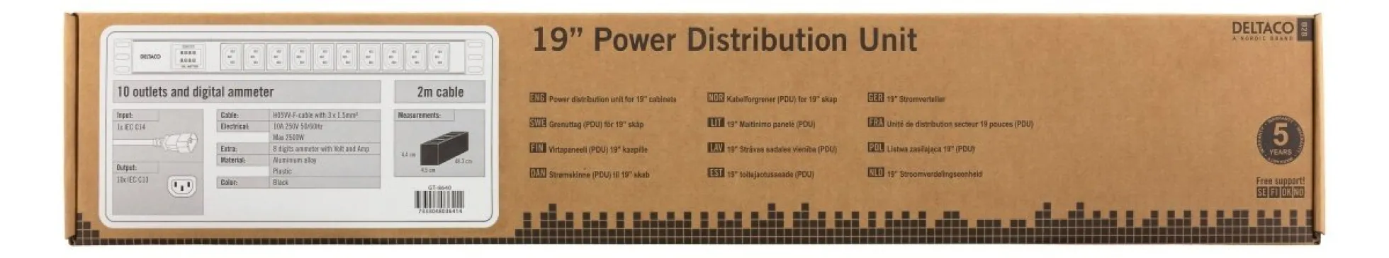 DELTACO 10-Outlet 19" power distribution unit, 2500W, C13, digital vol