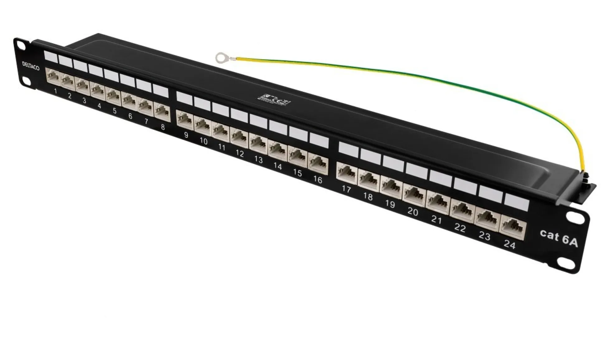 DELTACO STP patch panel, 24xRJ45, Cat6a, 1U, 19", metal, sort