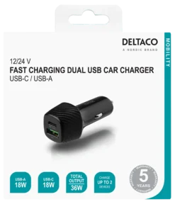 DELTACO USB car charger, 1x USB-C, PD 18 W, 1x USB-A, 18 W, total 36 W
