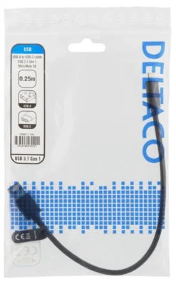DELTACO USB 3.1 Gen1 braided USB-C - USB-A kabel, 0.25m, 60W 3A, sort