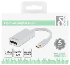 DELTACO USB 3.1 to DP adapter, Type C han - DP hun, 4K, UHD, hvid