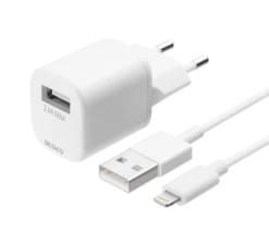 DELTACO USB wall charger, USB-A, 2,4 A, incl. 1 m USB-A to Lightning