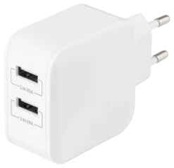 DELTACO Vægoplader med dobbelt USB-A-porte, 4,8 A, 24 W, hvid