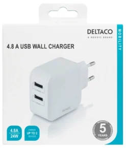 DELTACO Vægoplader med dobbelt USB-A-porte, 4,8 A, 24 W, hvid
