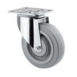 Drejeligt hjul, grå elastisk gummi, Ø125 mm, 160 kg, DIN-kugleleje og tætning med plade, rustfri