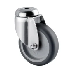 Drejeligt hjul, grå gummi, Ø75 mm, 75 kg, glideleje med bolthul, rustfri, byggehøjde: 100 mm
