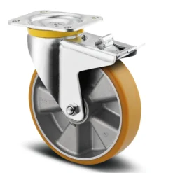 Drejeligt hjul m/ bremse, polyuretan, Ø125 mm, 500 kg, DIN-kugleleje med plade, byggehøjde 164 mm