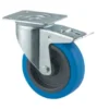 Drejeligt hjul med bremse, blå elastisk gummi, Ø125 mm, 250 kg, rulleleje med plade - Byggehøjde: 155 mm