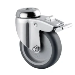 Drejeligt hjul med bremse, grå gummi, Ø75 mm, 75 kg, glideleje, med bolthul, rustfri, byggehøjde: 100 mm