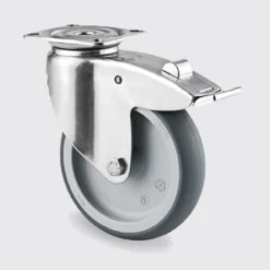 Drejeligt hjul med bremse, grå gummi, Ø75 mm, 75 kg, glideleje, med plade, rustfri, byggehøjde: 100 mm