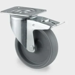 Drejeligt hjul med bremse, grå polyuretan, Ø80 mm, 150 kg, rulleleje med plade, byggehøjde: 108 mm