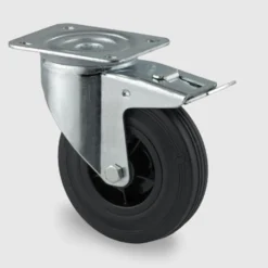 Drejeligt hjul med bremse, sort massiv gummi, Ø80 mm, 70 kg, rulleleje, med plade, byggehøjde 108 mm