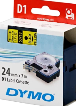 DYMO D1, markeringstape, 24 mm, sort tekst på gul tape, 7 m.