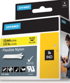 DYMO Rhino Professional, mærkbar fleksibel nylontape, 12 mm, sort tekst på gul tape