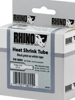 DYMO RhinoPRO, shrink tubing, 12x1,5 mm, sort tekst på hvid tape, 1,5