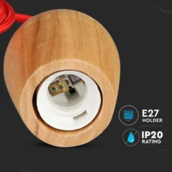 E27 pendel i valnød træ, rød stofledning, 1 meter ledning