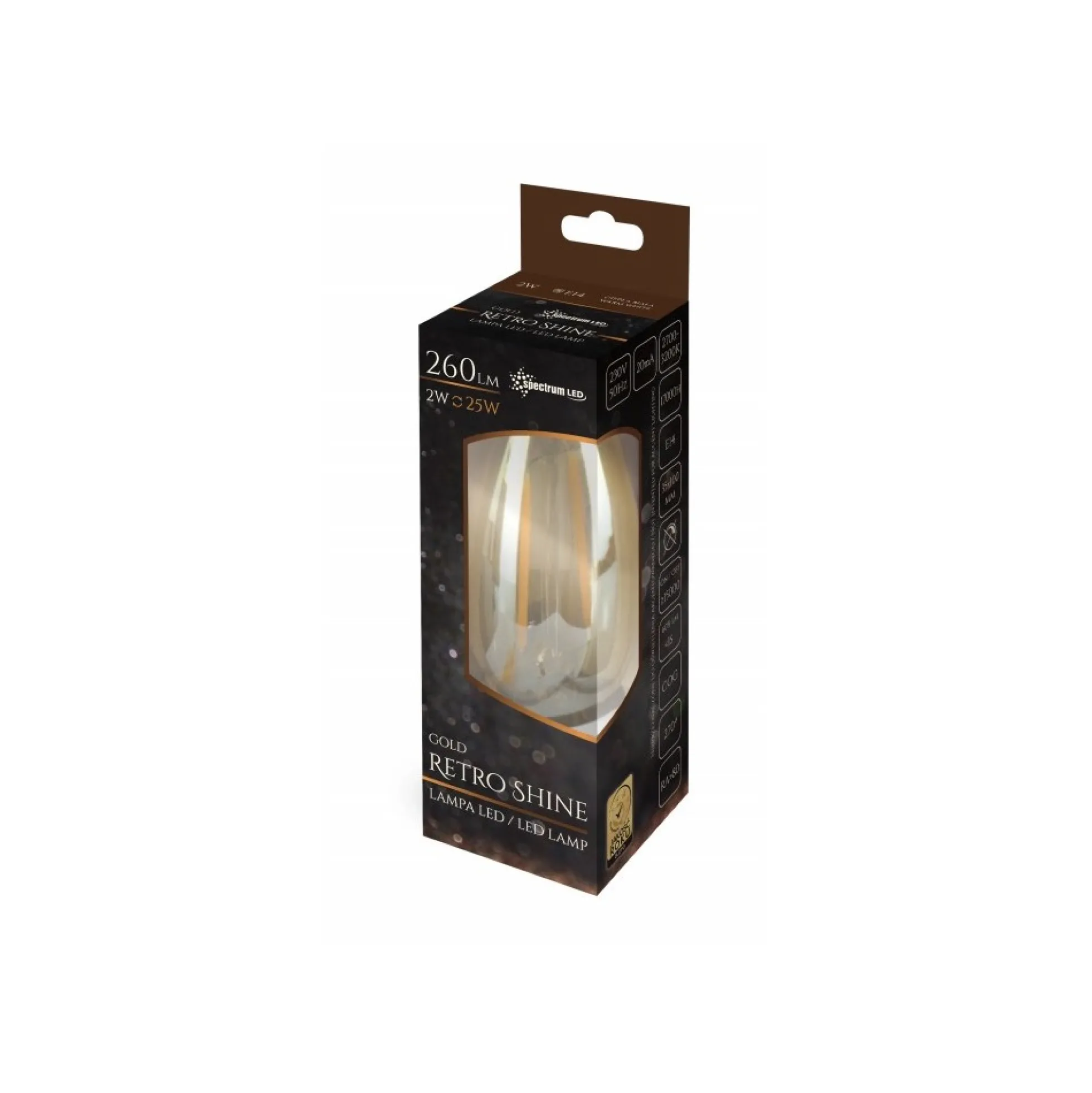 E14 2W LED kertepære, C35, kultråd, rav farvet glas, 2400K
