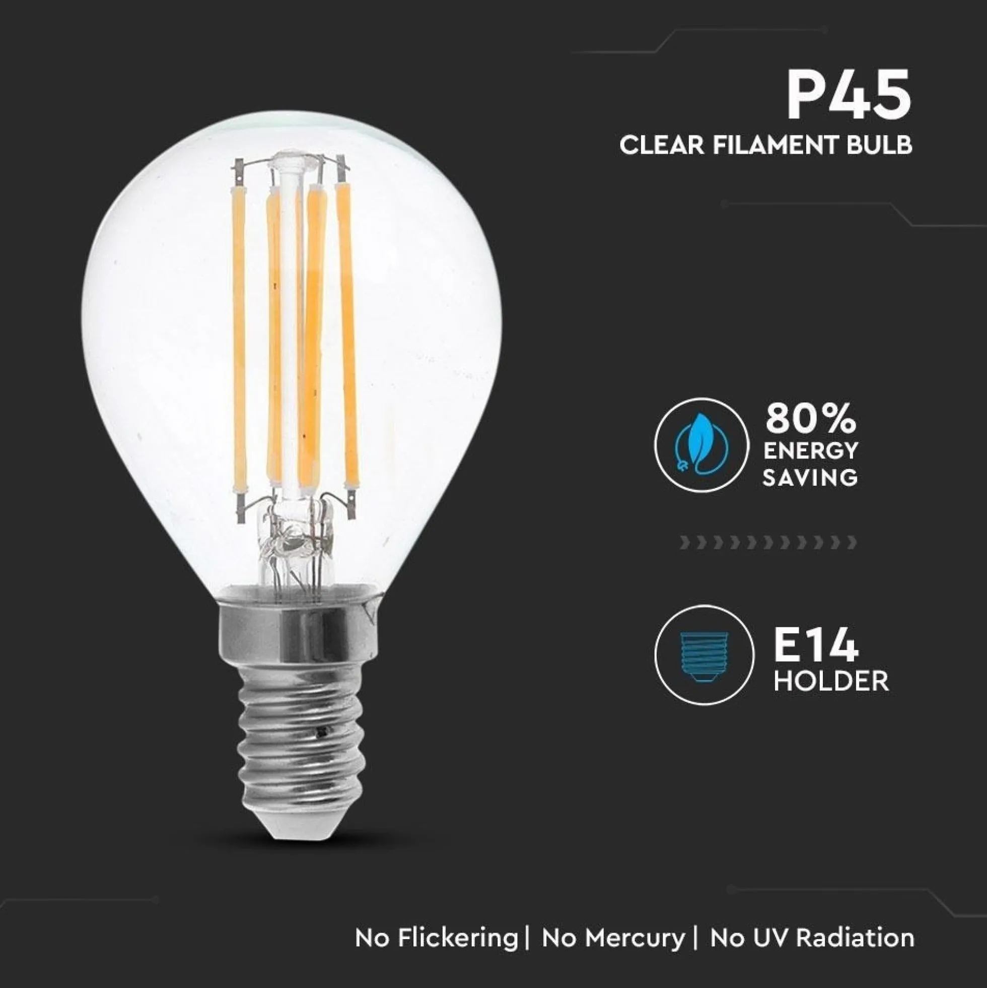E14 4W LED kronepære - Kultråd, P45, 400 lumens, RA 80-85, 2700K, 77 x Ø46 mm - V-Tac