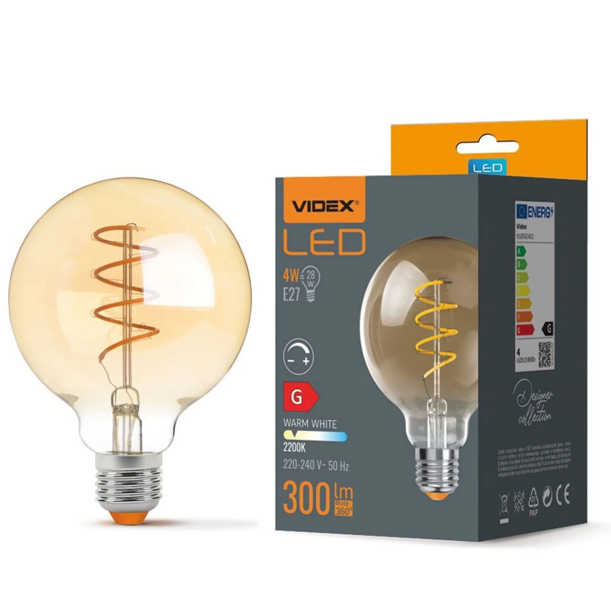 E27 4W LED pære, G95, spiral filament, amber glas, flicker free, dæmpbar, 2200K