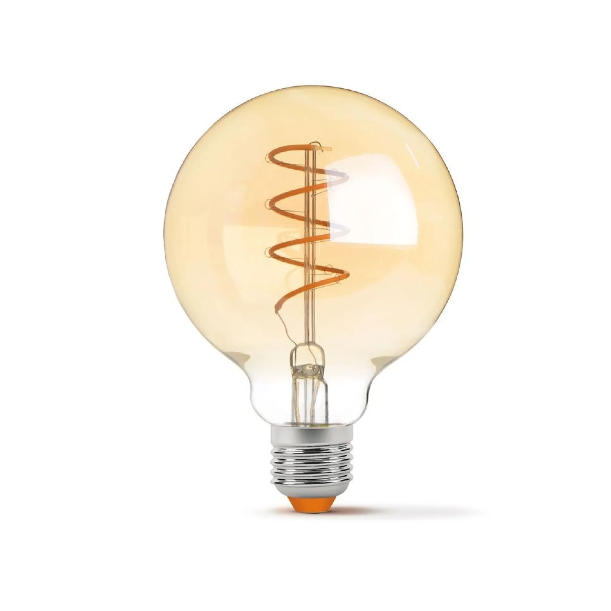 E27 4W LED pære, G95, spiral filament, amber glas, flicker free, dæmpbar, 2200K