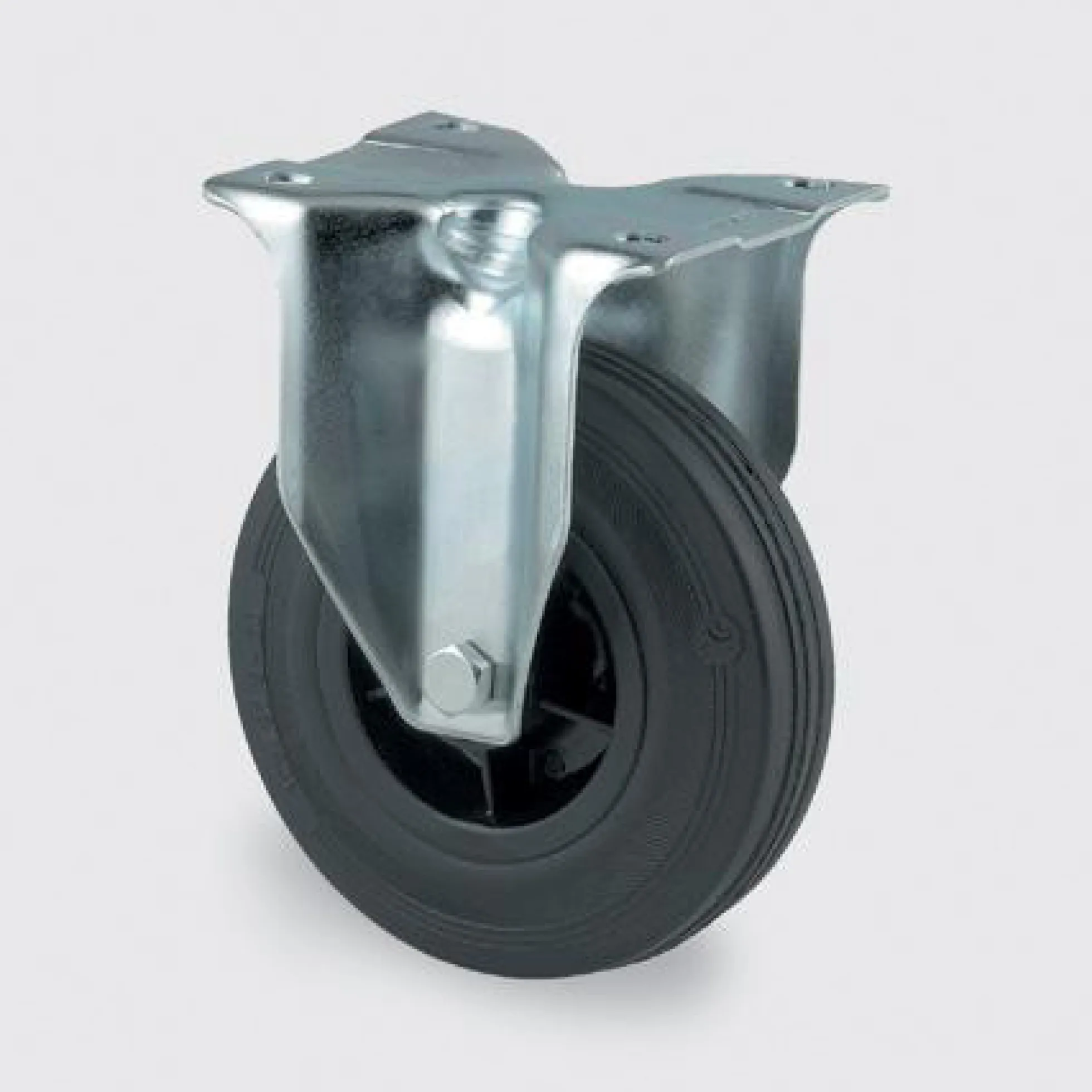 Fast hjul, sort massiv gummi, Ø80 mm, 70 kg, rulleleje, med plade, byggehøjde 108 mm, driftstemperatur -20 til +60°C