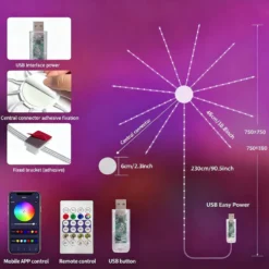 Fyrværkeri LED strip, 5V USB, bluetooth app styring