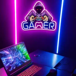 Gamer neon skilt med LED lys, stor model 39x33 cm