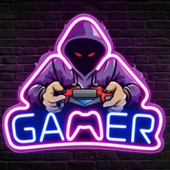 Gamer neon skilt med LED lys, stor model 39x33 cm