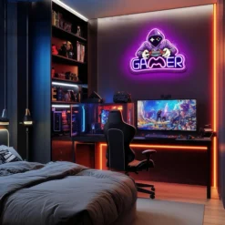 Gamer neon skilt med LED lys, stor model 39x33 cm